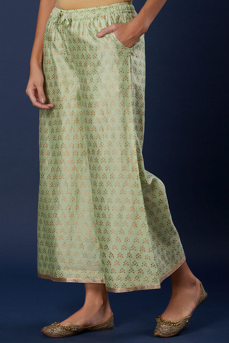 Green Block Printed Silk Cotton Blend Palazzo