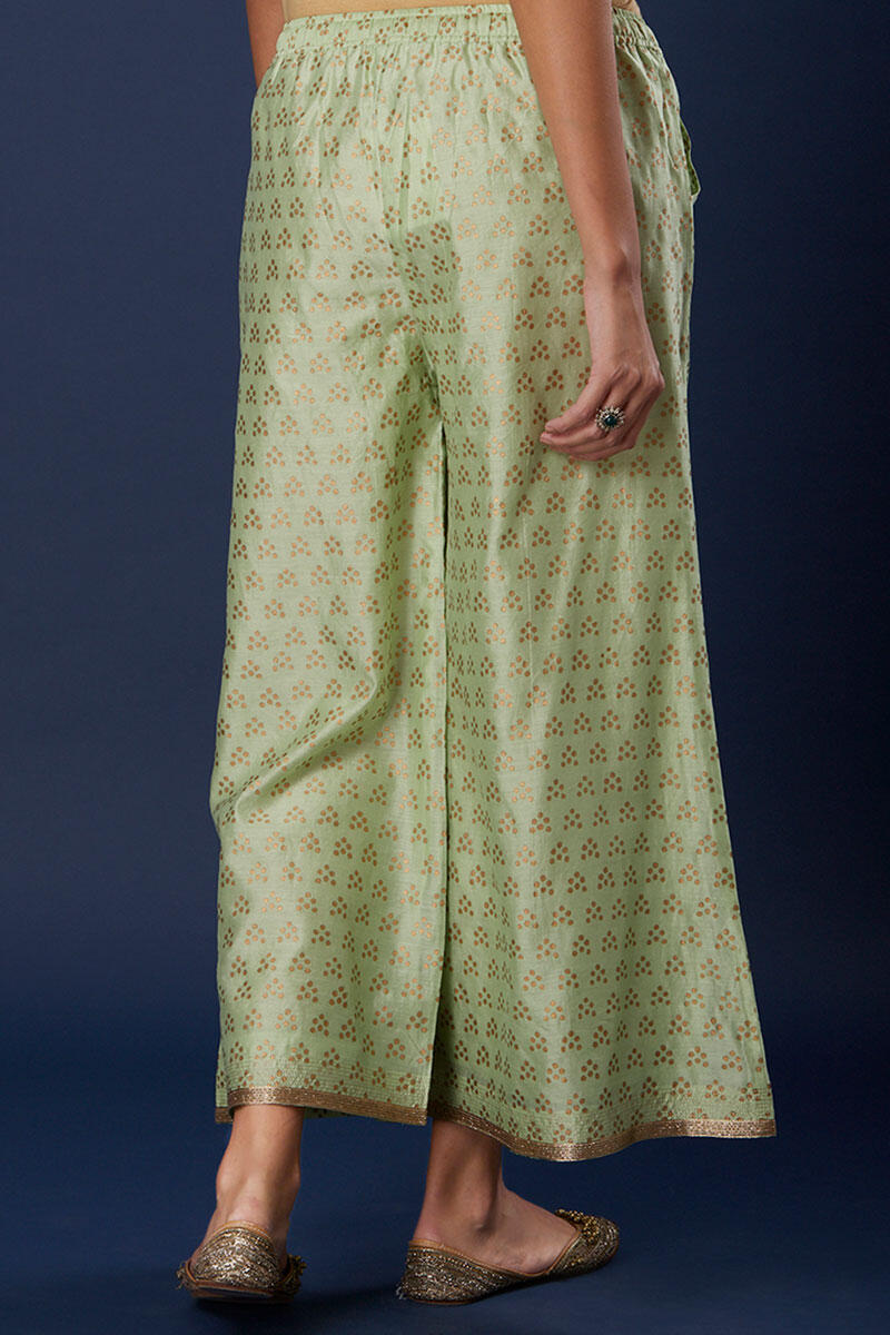 Green Block Printed Silk Cotton Blend Palazzo