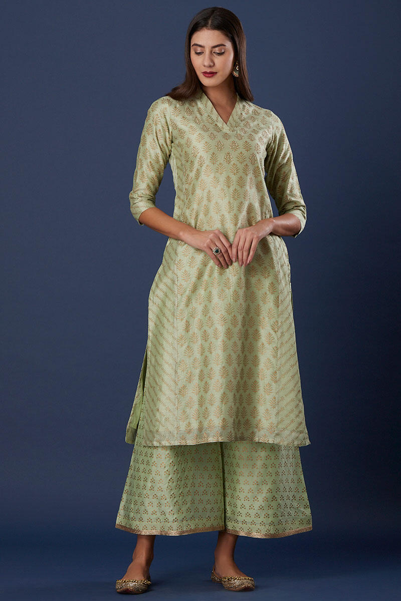 Green Block Printed Silk Cotton Blend Palazzo