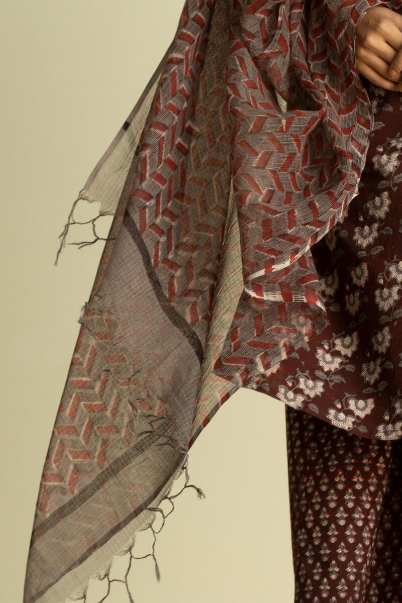 Maroon Block Printed Kota Dupatta