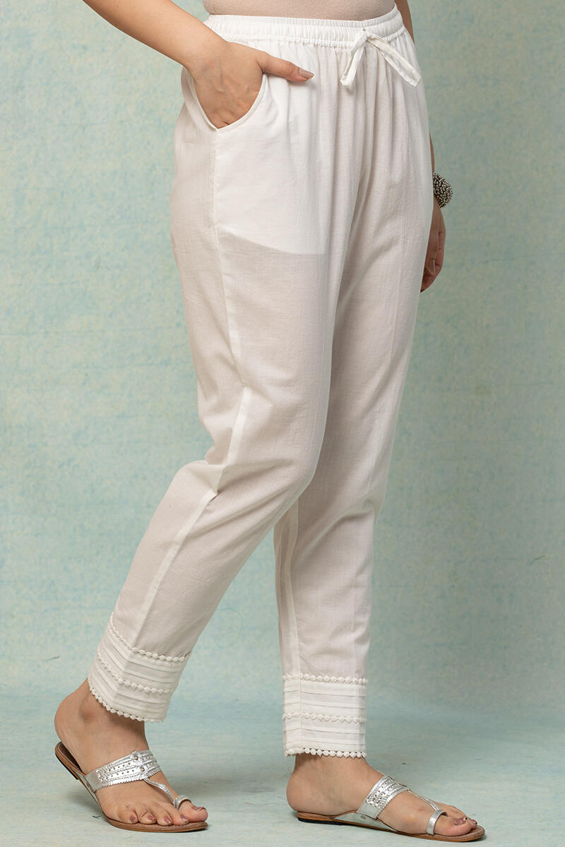 White Handcrafted Cotton Cigarette Pants