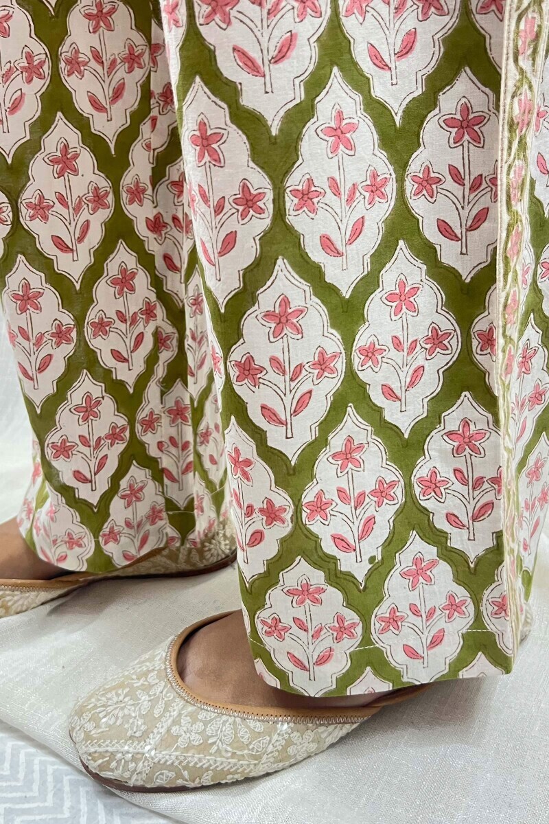 Green Hand Block-Printed Cotton Straight Farsi