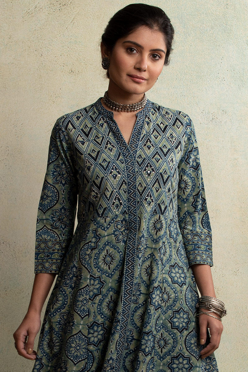 Ajrak Block Printed A-line Cotton Kurta