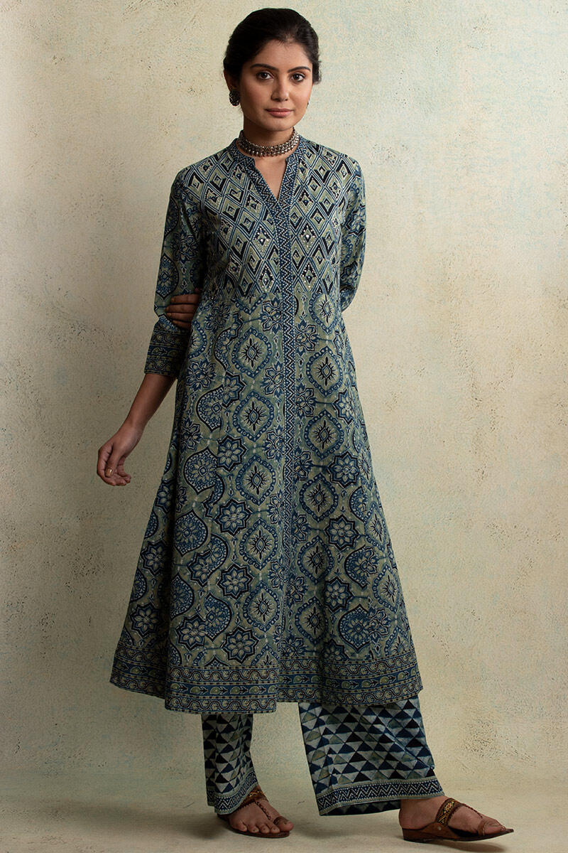 Ajrak Block Printed A-line Cotton Kurta