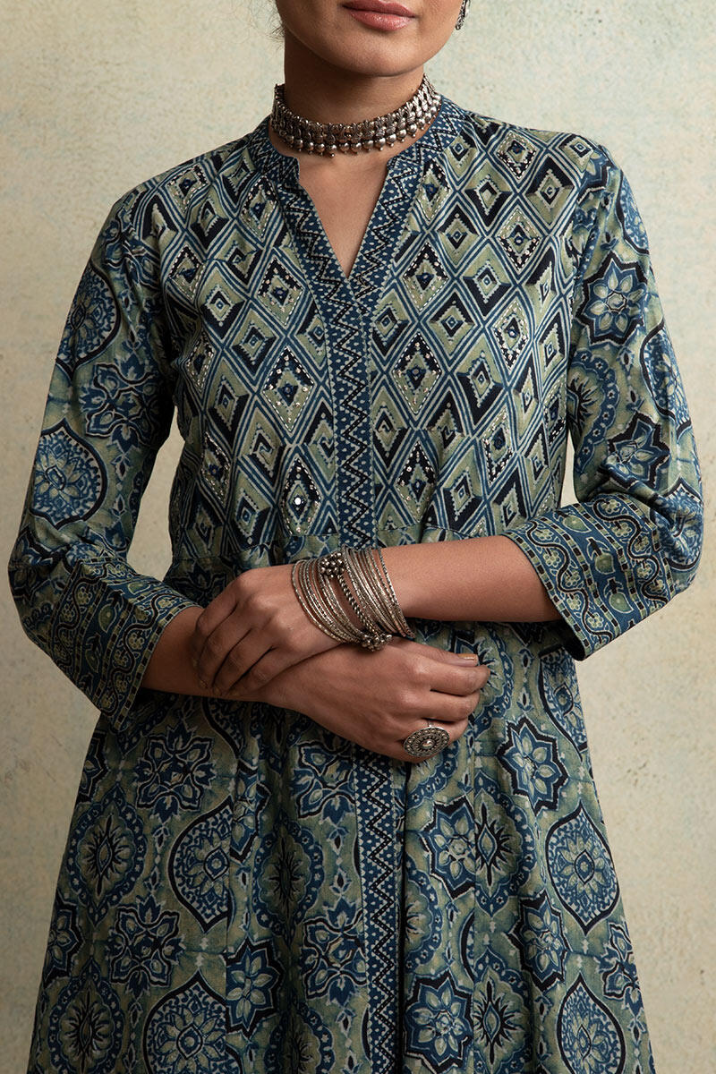Ajrak Block Printed A-line Cotton Kurta