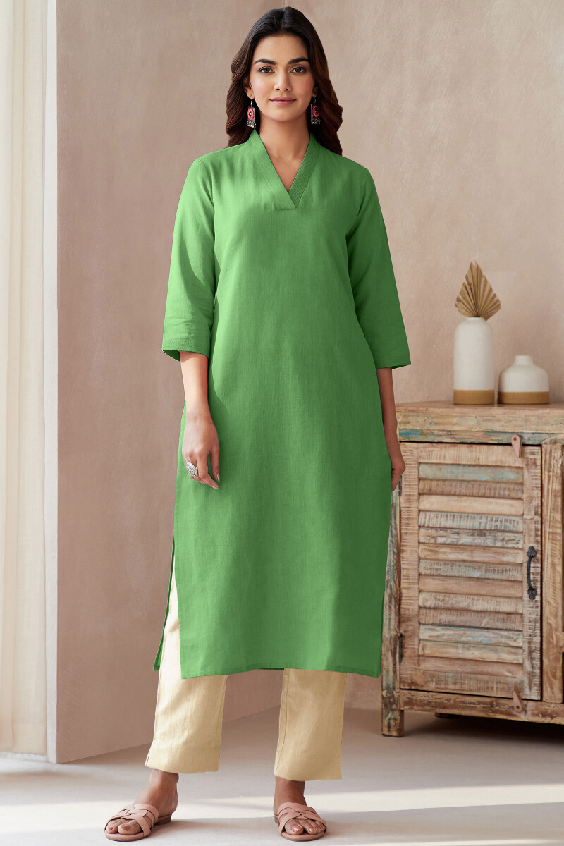 Leaf Green Handcrafted Straight Cotton Flax Kurta