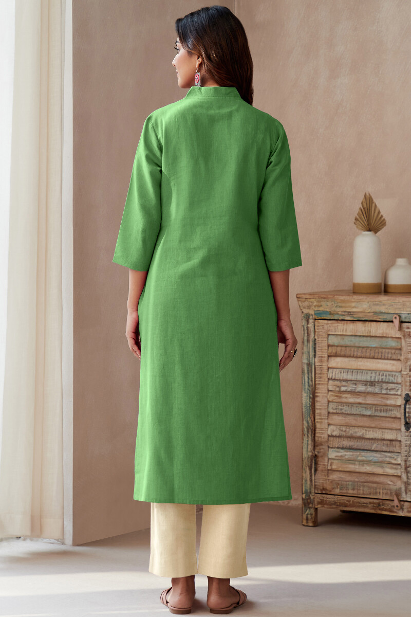 Leaf Green Handcrafted Straight Cotton Flax Kurta