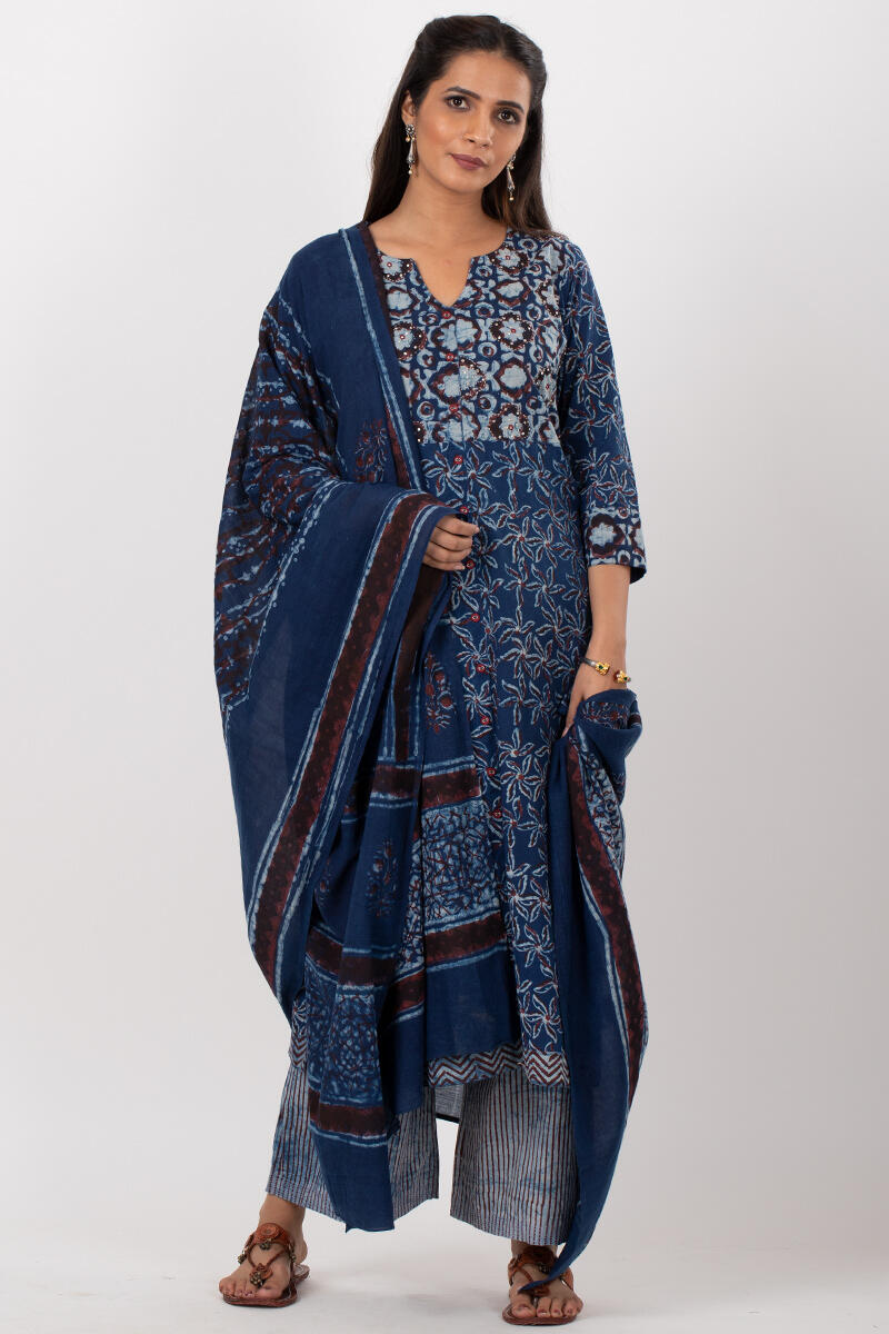 Indigo Block Printed A-line Cotton Kurta