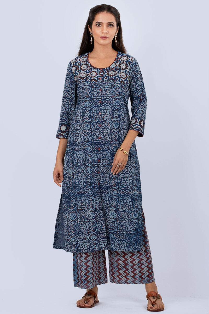 Indigo Block Printed Cotton Farsi Pants