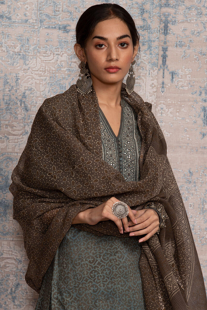 Brown Block Printed Kota Dupatta