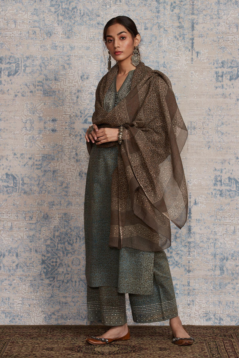 Brown Block Printed Kota Dupatta