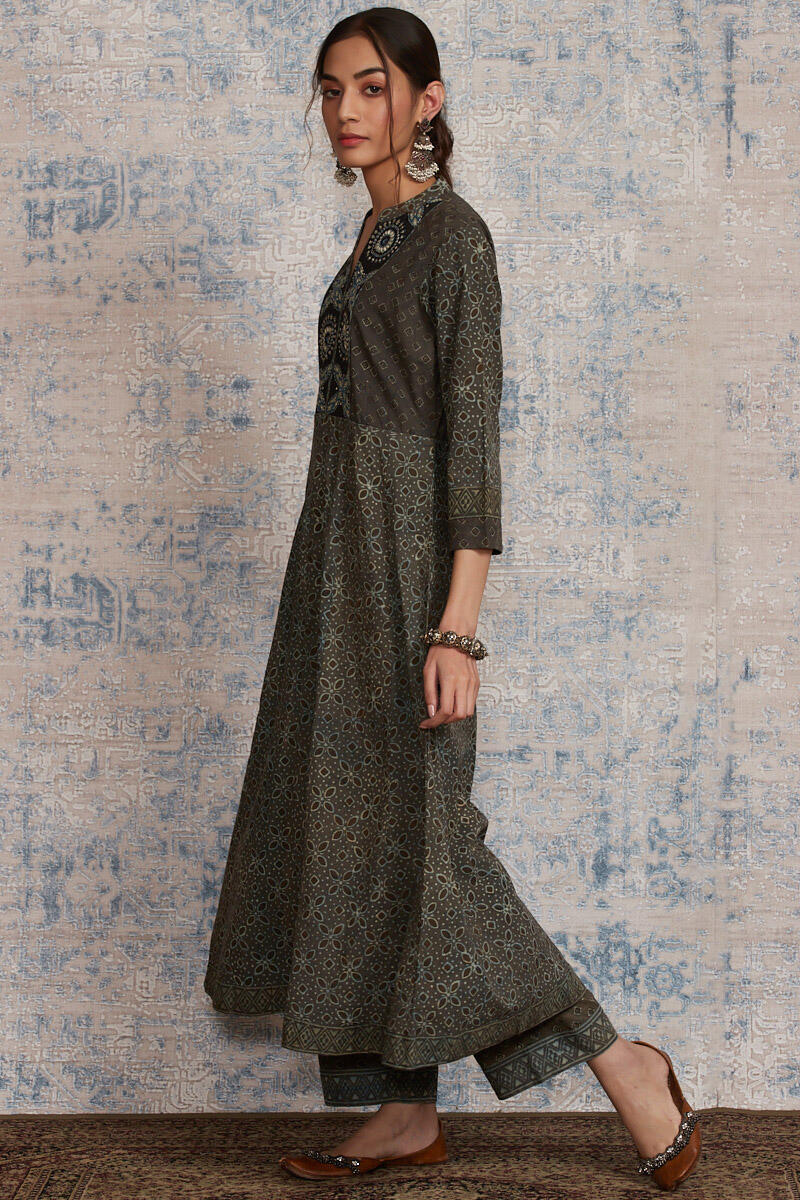 Brown Block Printed Anarkali Cotton Kurta