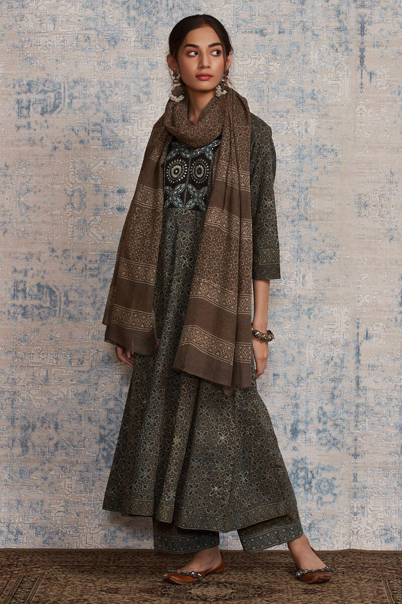 Brown Block Printed Anarkali Cotton Kurta