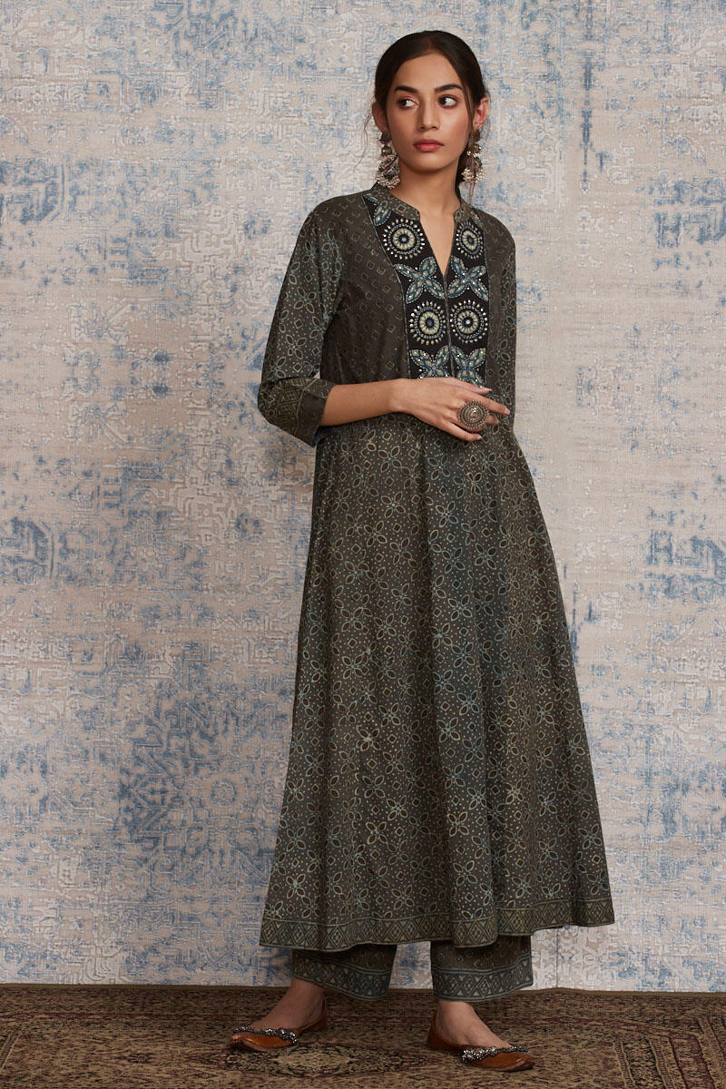 Brown Block Printed Cotton Straight Farsi