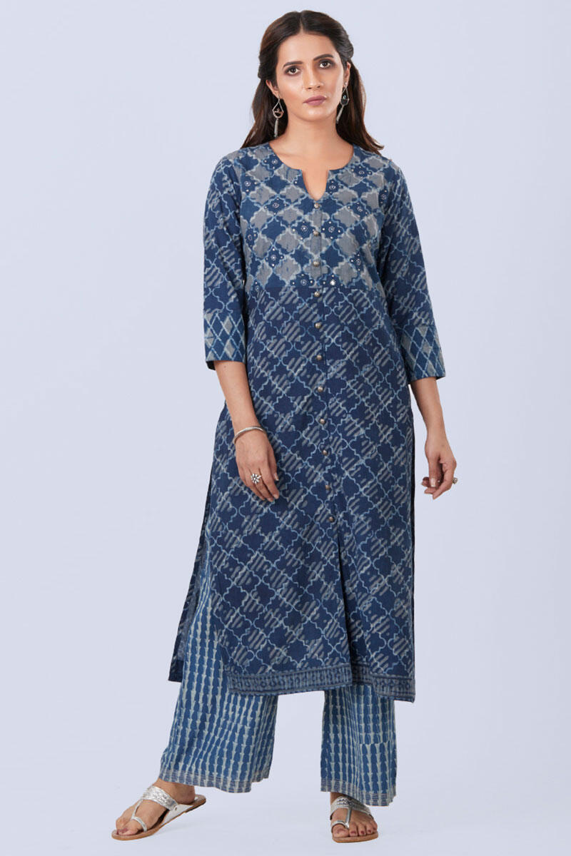 Indigo Block Printed Anarkali Cotton Kurta