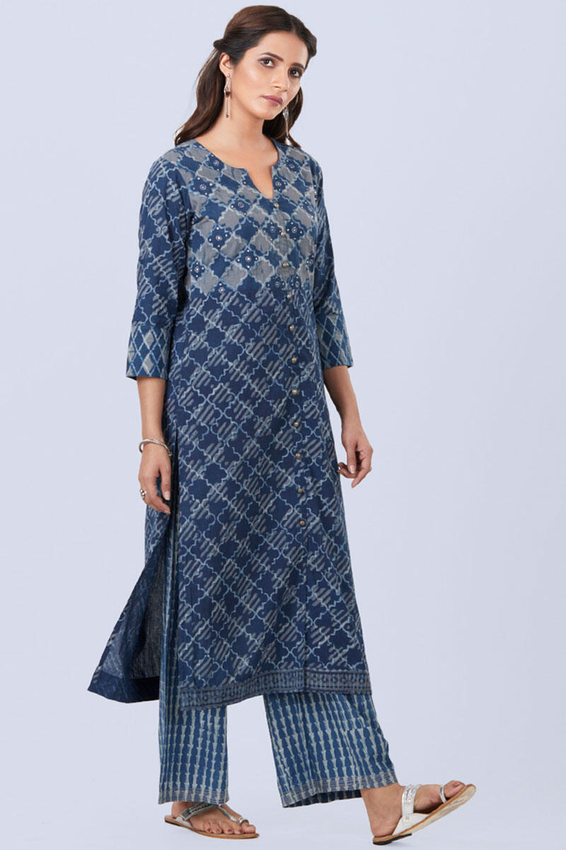 Indigo Block Printed Anarkali Cotton Kurta