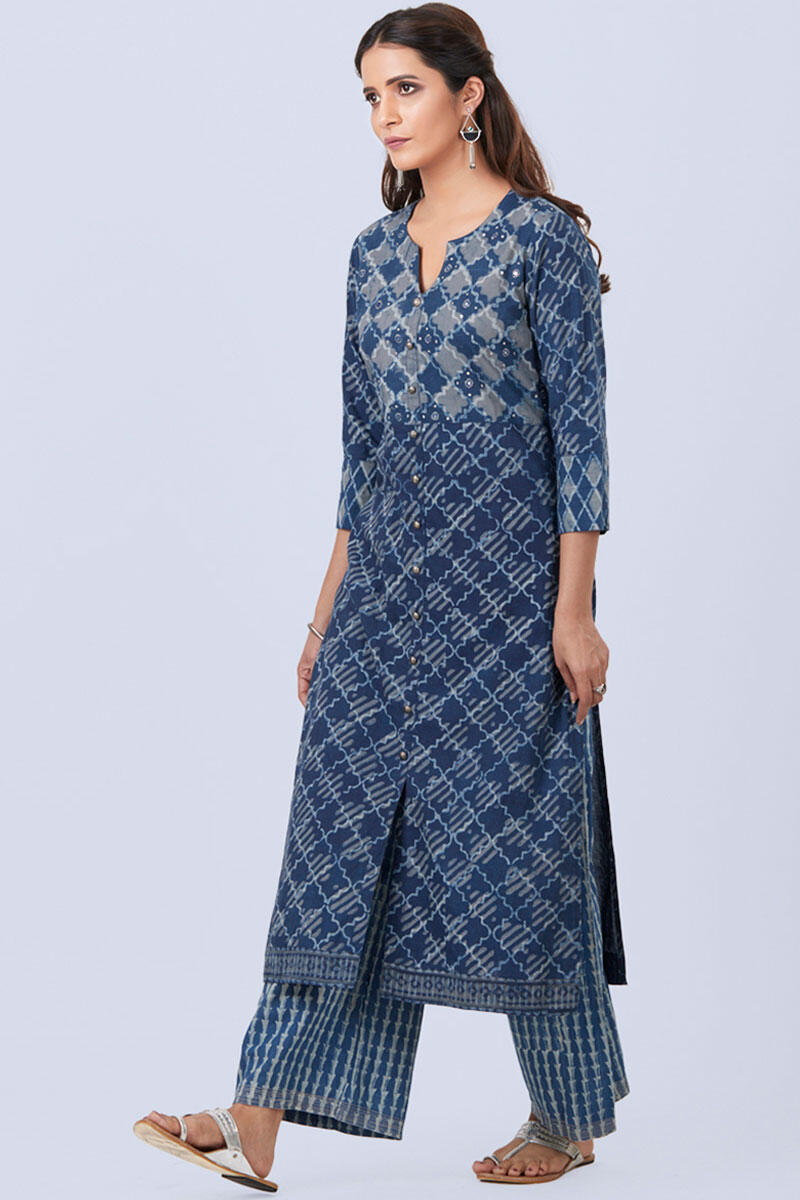 Indigo Block Printed Anarkali Cotton Kurta