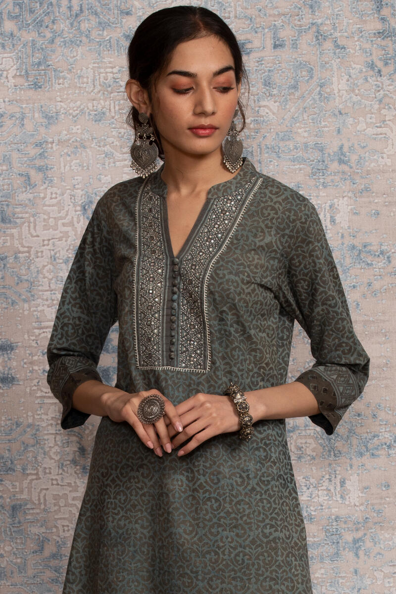 Brown Block Printed Straight Cotton Kurta