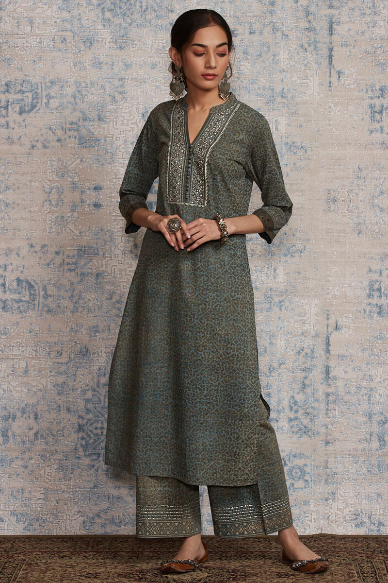 Brown Block Printed Straight Cotton Kurta