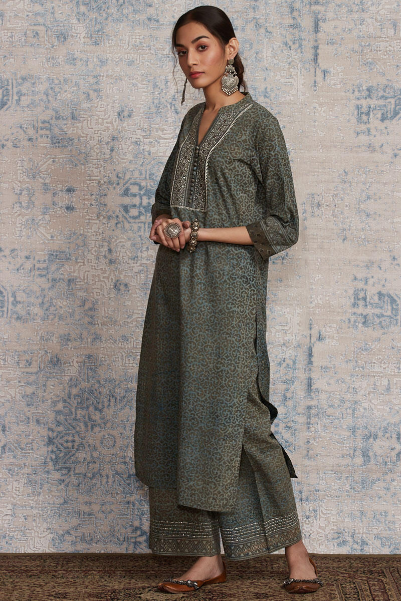 Brown Block Printed Straight Cotton Kurta