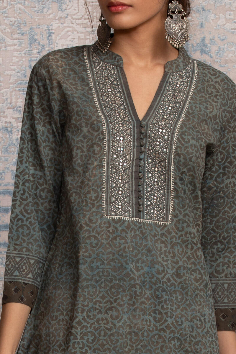 Brown Block Printed Straight Cotton Kurta