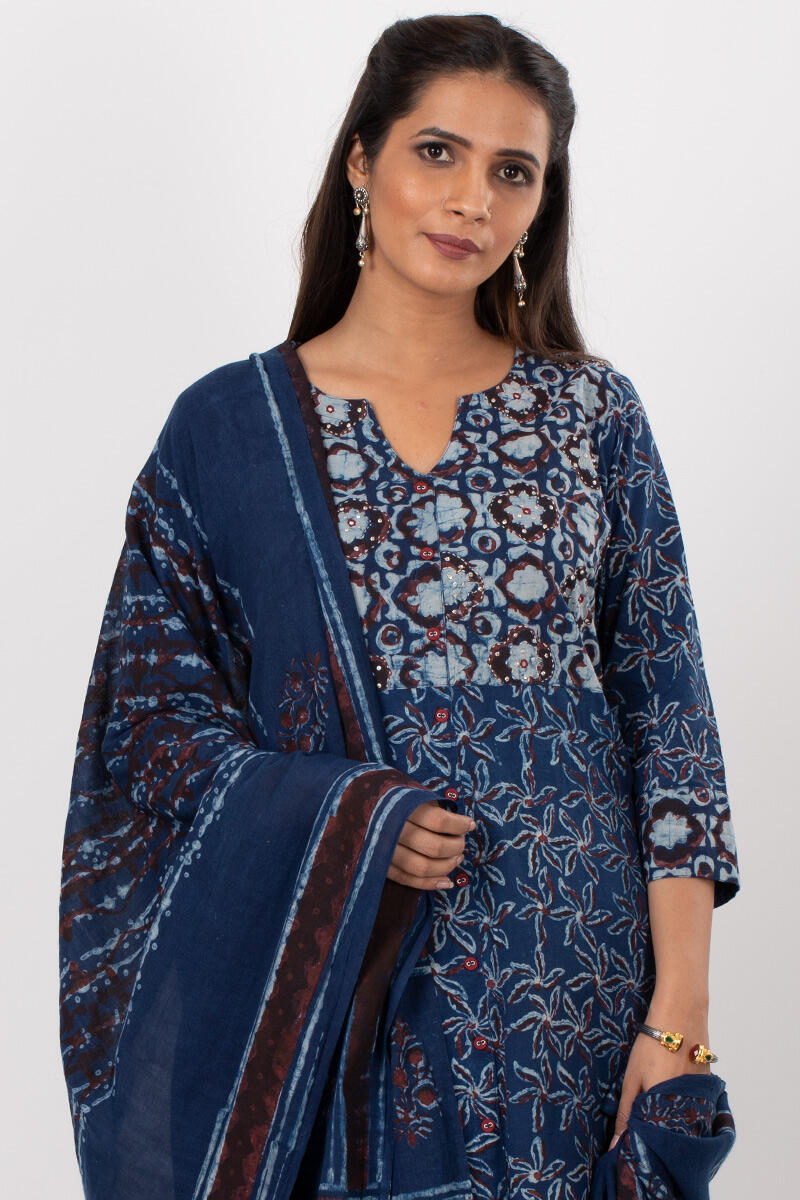 Indigo Block Printed A-line Cotton Kurta