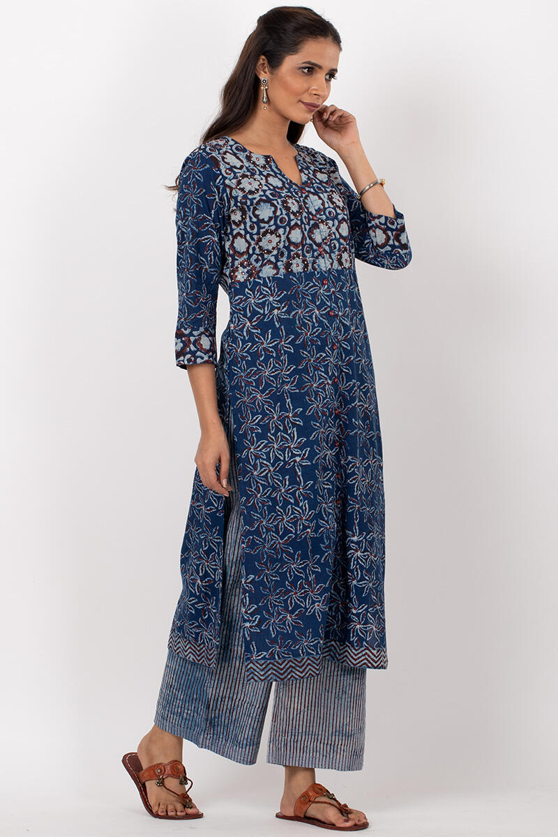 Indigo Block Printed A-line Cotton Kurta