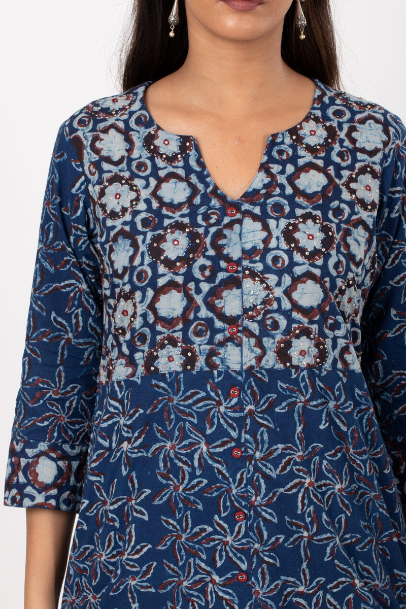Indigo Block Printed A-line Cotton Kurta