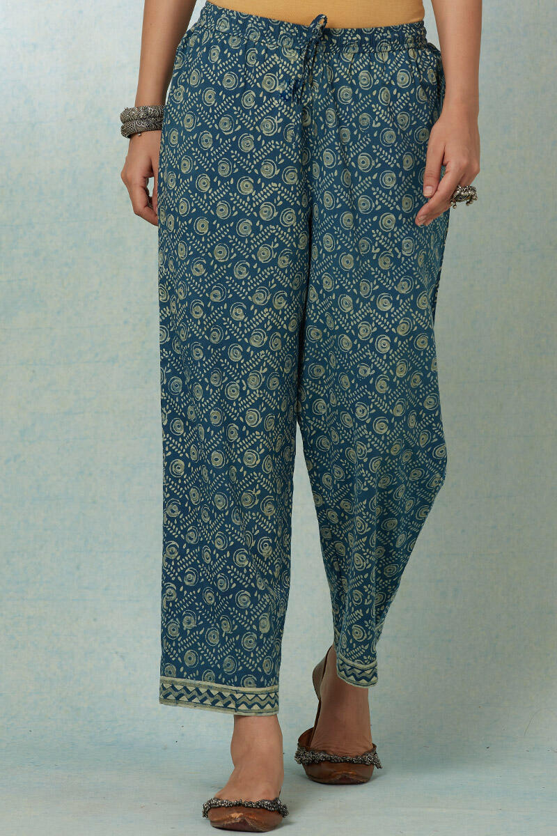 Blue Block-Printed Cotton Straight Farsi
