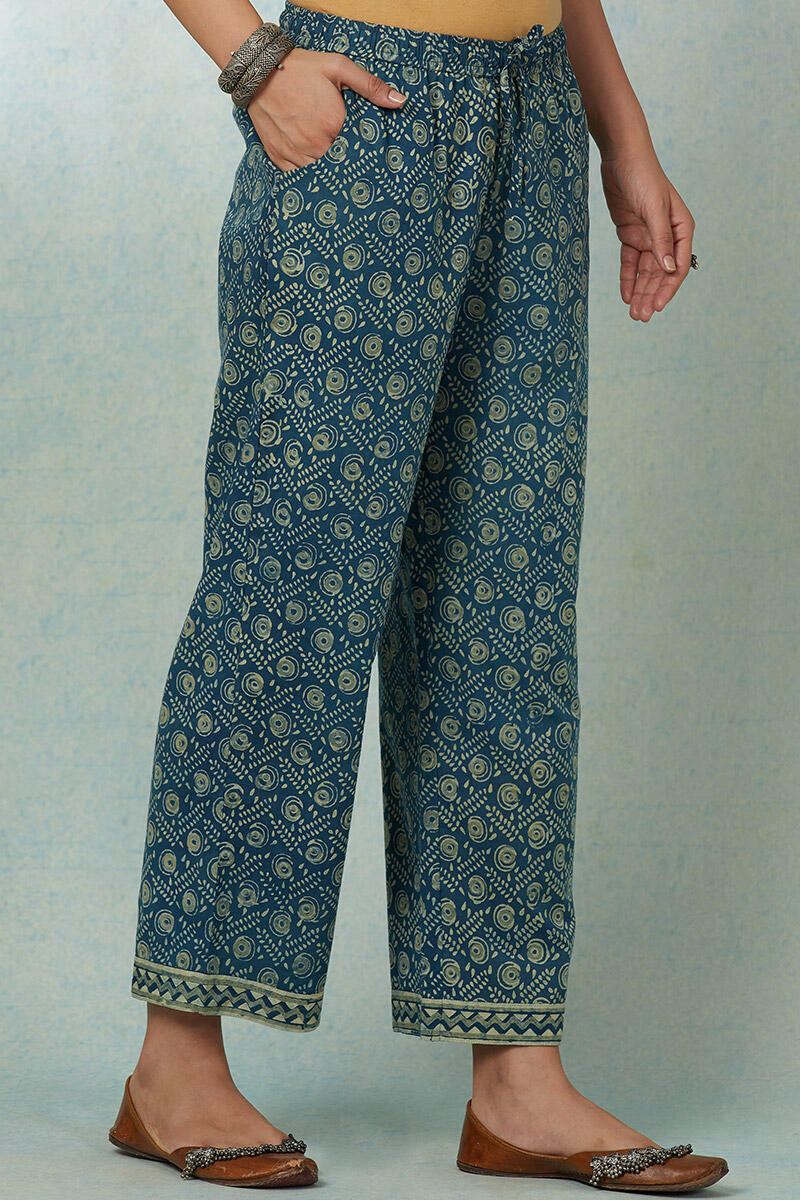Blue Block-Printed Cotton Straight Farsi