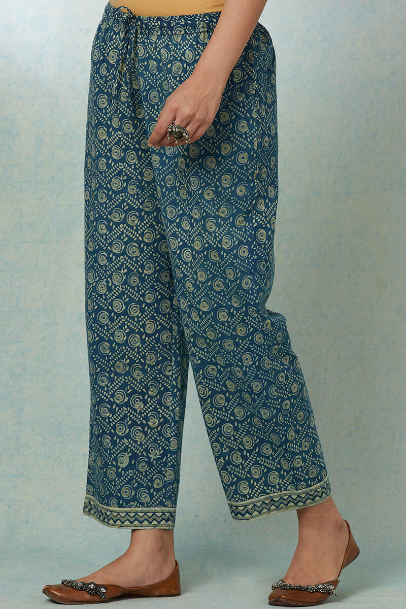 Blue Block-Printed Cotton Straight Farsi