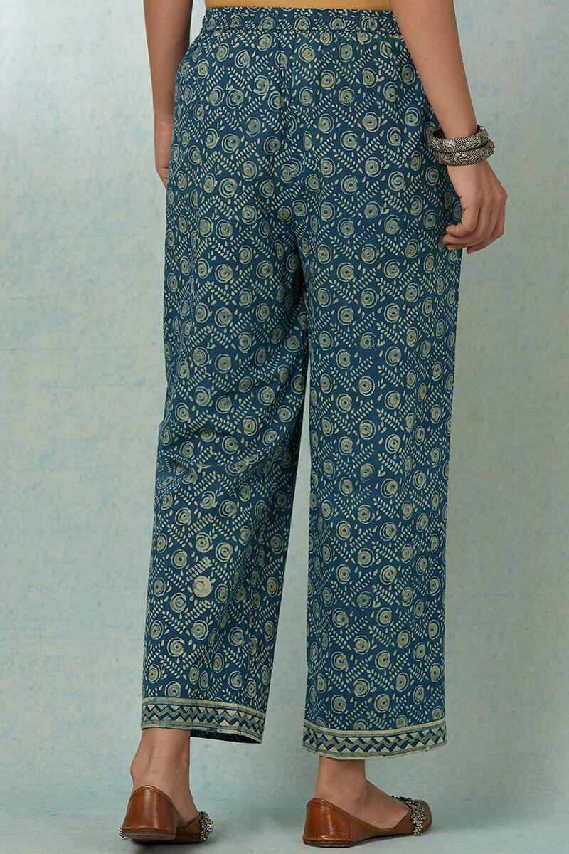 Blue Block-Printed Cotton Straight Farsi