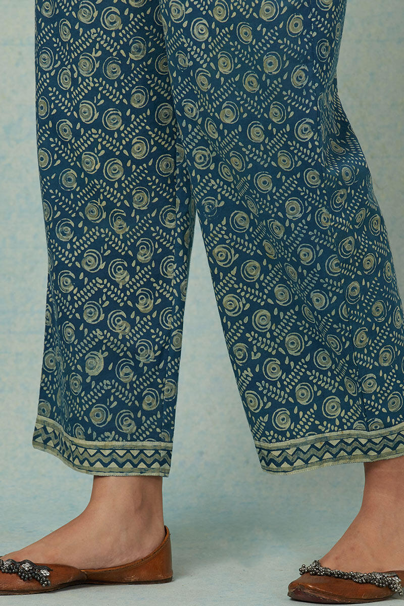Blue Block-Printed Cotton Straight Farsi
