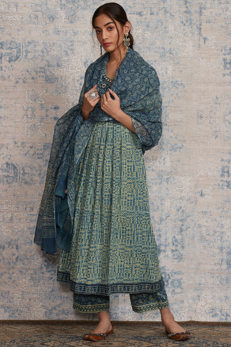 Blue Block-Printed Cotton Straight Farsi
