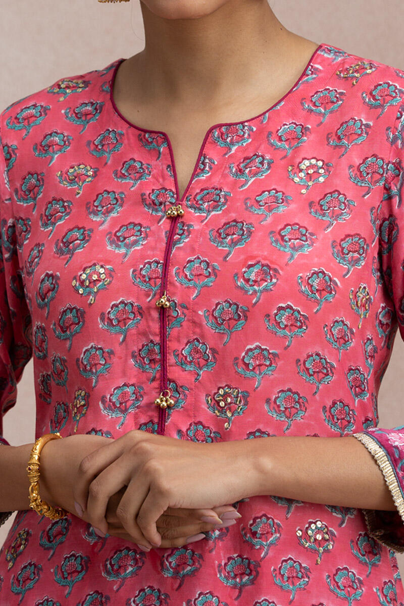 Pink Block Printed A-Line Modal Kurta