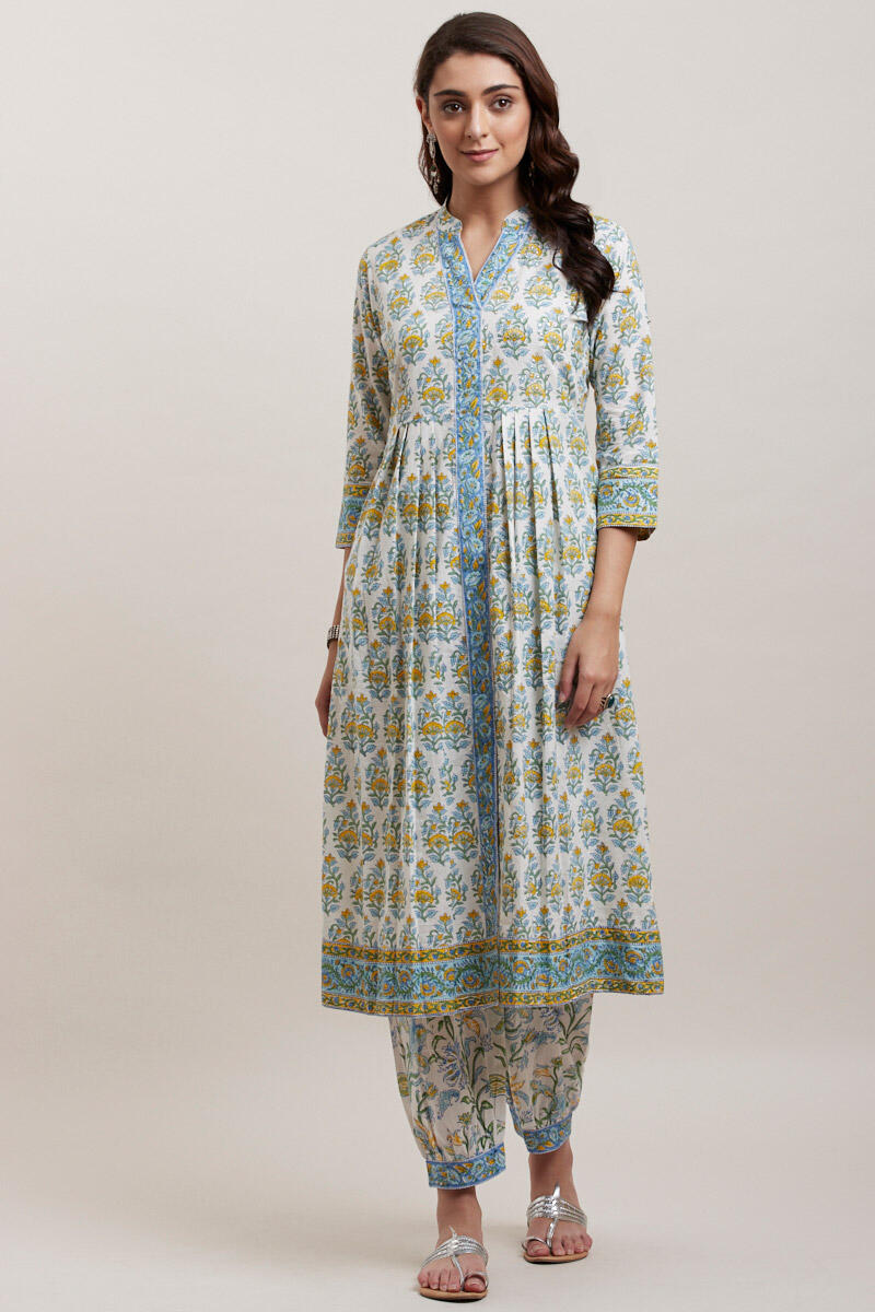 White Block Printed A-line Cotton Kurta