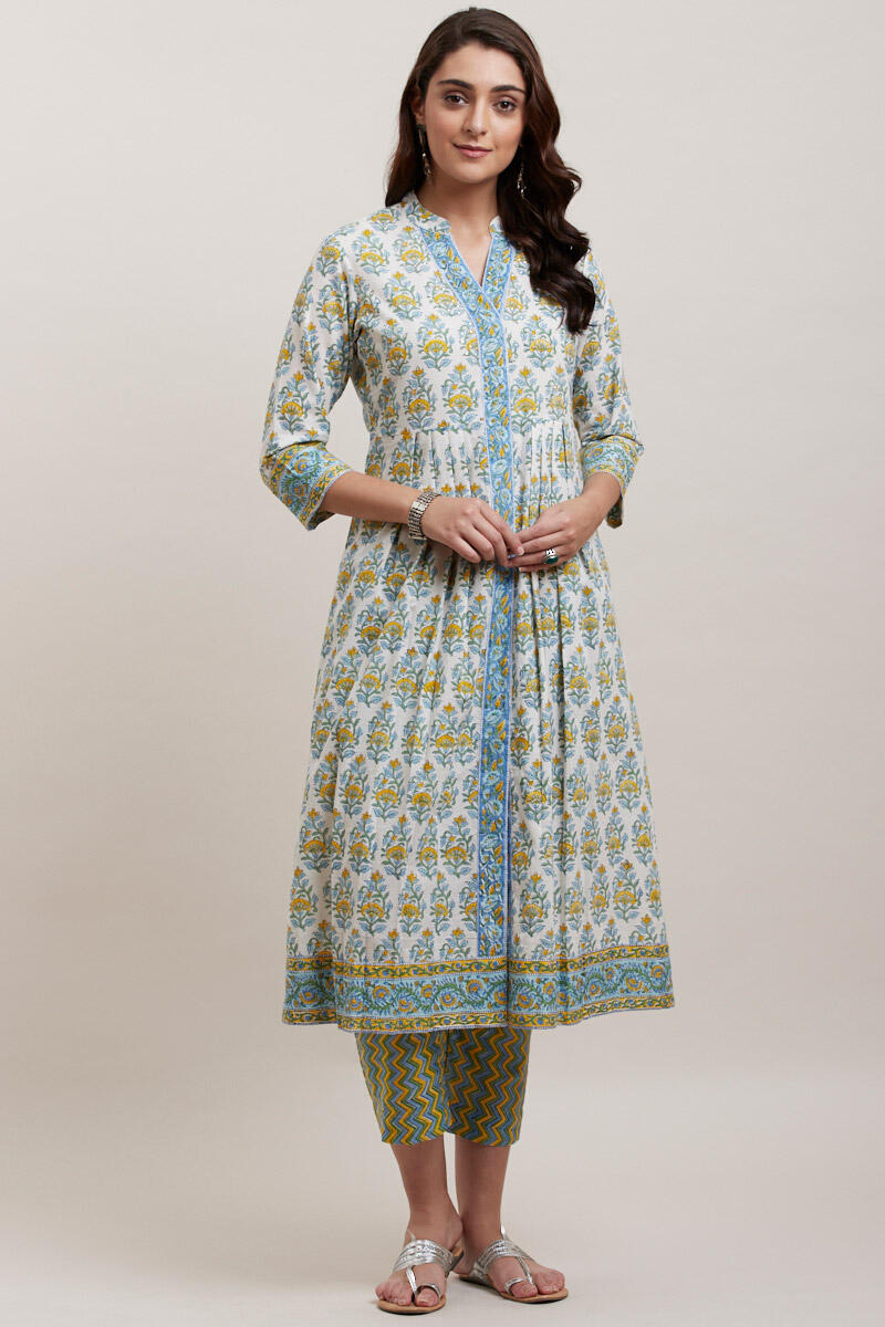 White Block Printed A-line Cotton Kurta