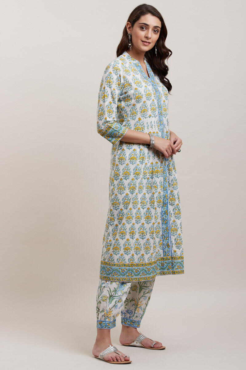 White Block Printed A-line Cotton Kurta