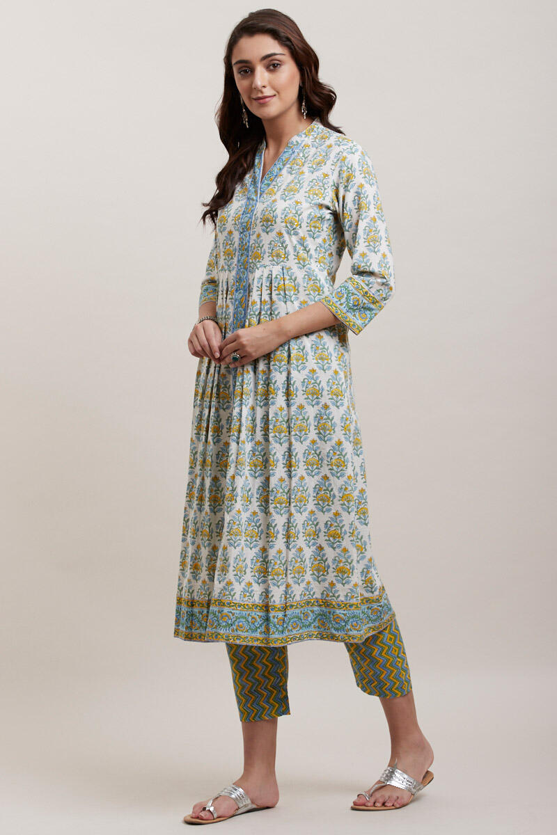 White Block Printed A-line Cotton Kurta