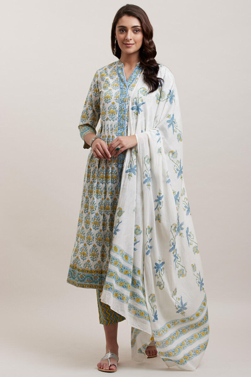 White Block Printed A-line Cotton Kurta