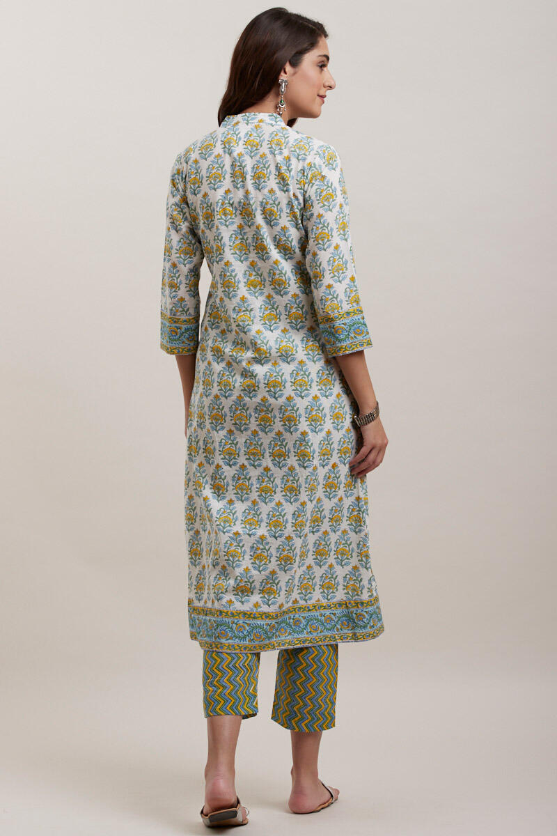 White Block Printed A-line Cotton Kurta