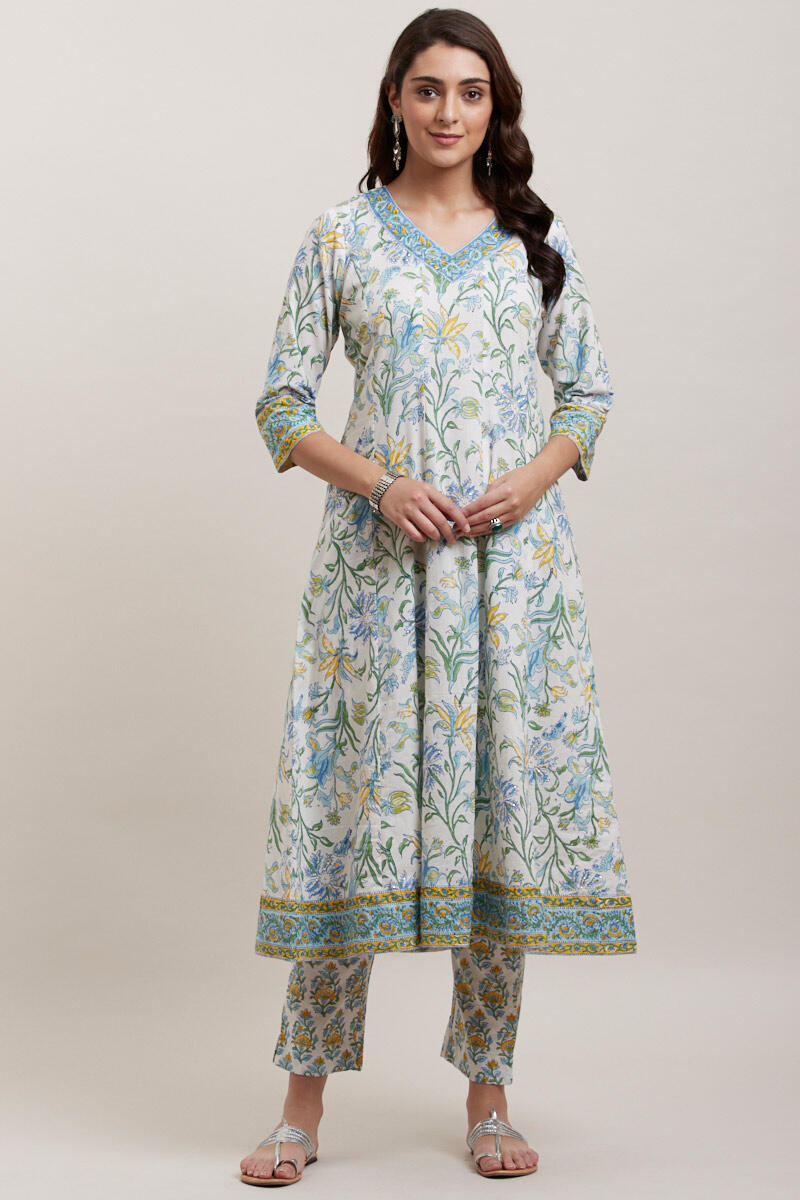 White Block Printed Anarkali Cotton Kurta