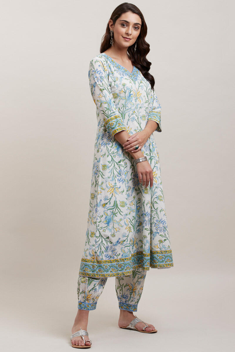 White Block Printed Anarkali Cotton Kurta