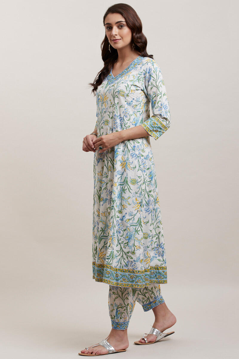 White Block Printed Anarkali Cotton Kurta