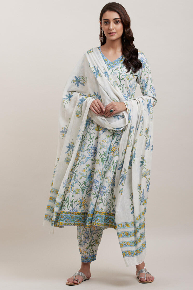 White Block Printed Anarkali Cotton Kurta