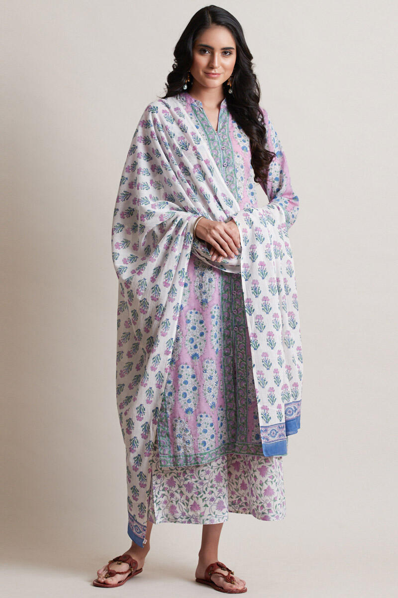 Purple Block Printed Cotton Dupatta