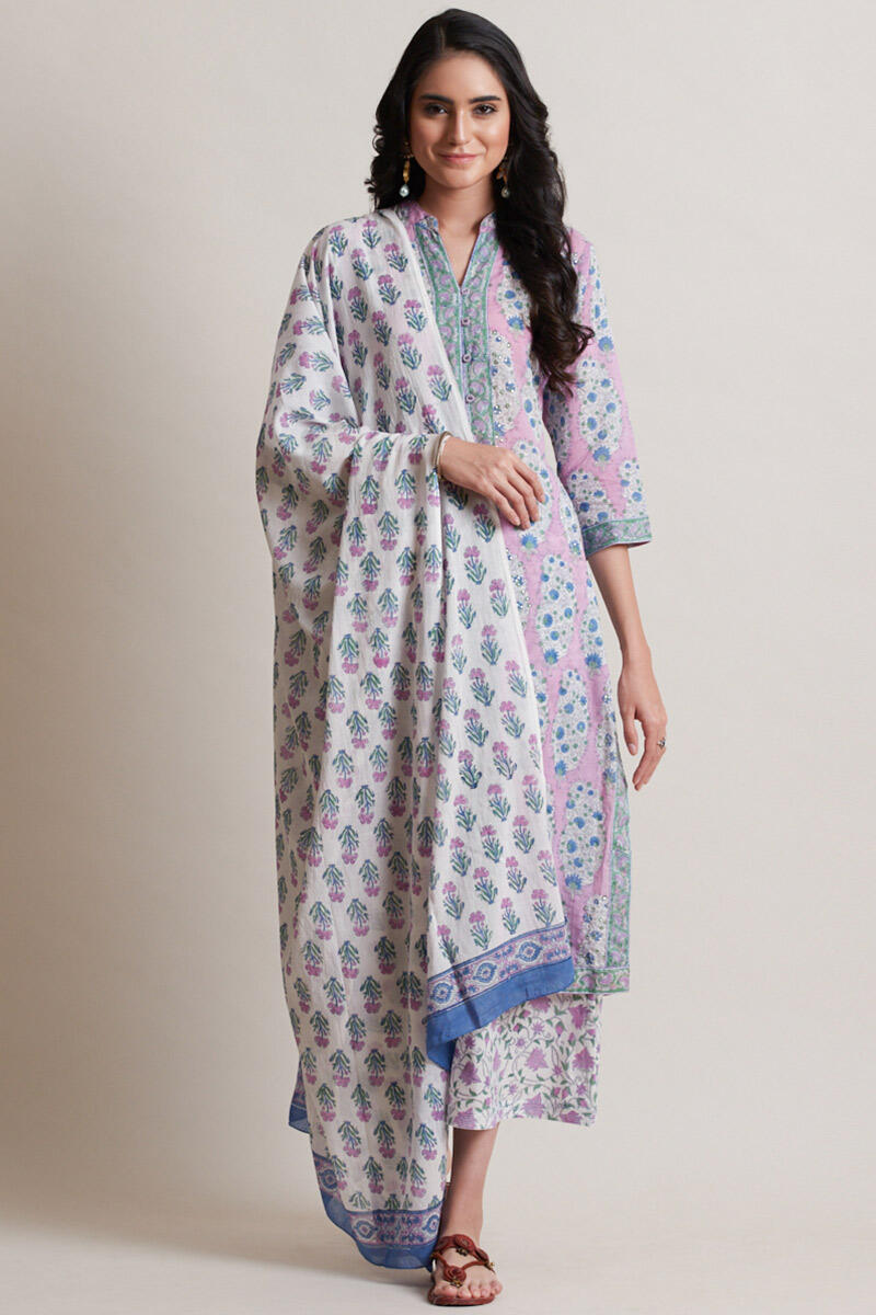 Purple Block Printed Cotton Dupatta