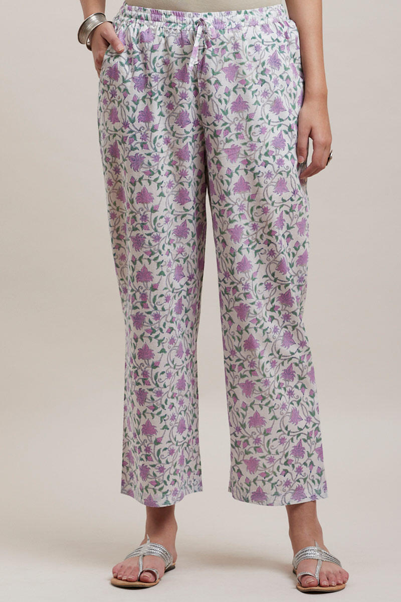 Purple Block Printed Cotton Straight Farsi
