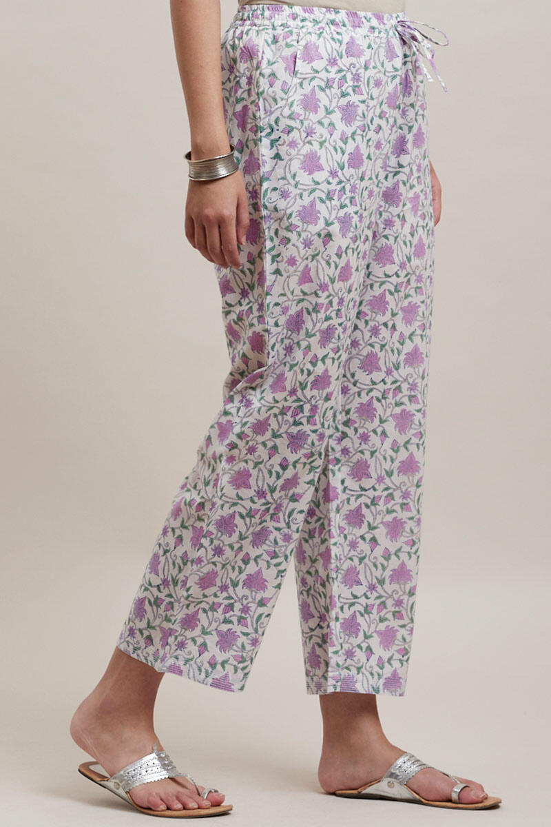 Purple Block Printed Cotton Straight Farsi