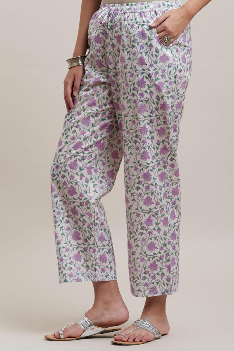 Purple Block Printed Cotton Straight Farsi